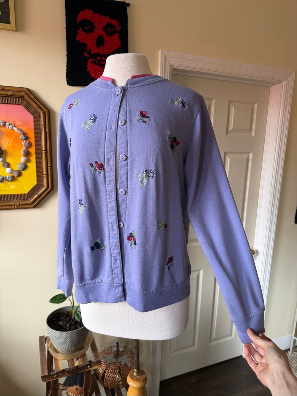 Vintage Cottagecore Lilac Embroidered Cardigan with Berry and Leaf Motifs